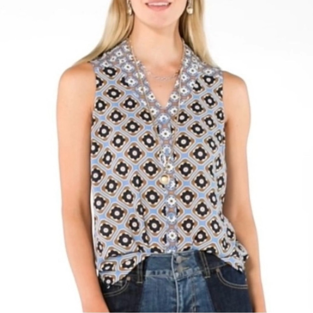 CAbi Blue and Black Geometric Pattern Blouse. Size M.
